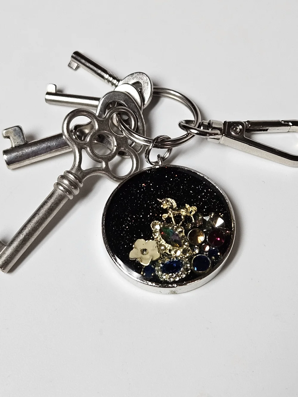 Gold Unicorn In Outer Space Crystal Mountain Round Keychain Bag Charm